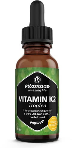 Vitamin K2 Tropfen hochdosiert & vegan 200 mcg Vitamin K2 flüssig pro Tagesdosis, 50 ml (1700 Tropfen), MK-7 Menaquinon (> 99% All-Trans-Form), ohne unnötige Zusatzstoffe, Made in Germany