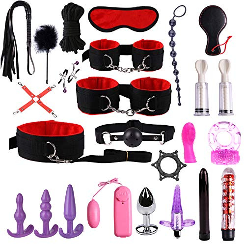 BDSM Sex Bondage Set 23 Stück Sexspielzeug für Paare Extrem Sex ondageset Fessel Set Handschellen Peitsche Nippelklemmen Knebel Analplug Set für Anfänger und Erfahrene Paare