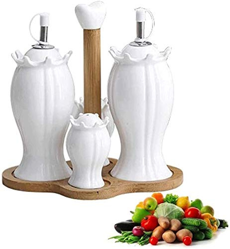 SHUNHUA Dispenser per Bottiglie di Olio di Oliva O Aceto, Dispenser di aceto per Olio Set di Bottiglie di Sale e Pepe con Supporto in Legno, saliera e pepiera, Bottiglia di condimento da c