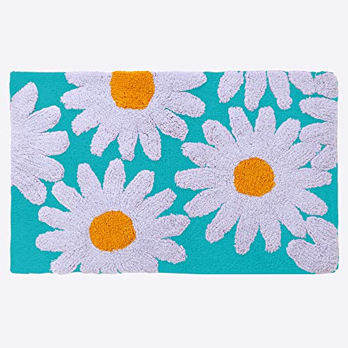 BarceloHogar Alfombrilla de Baño. Alfombras Pie de Cama. Alfombra Pequeña de 50 x 80 cm. Alfombra de Algodon 100%. Tacto Esponjoso. Acolchada. Margarita, Celeste