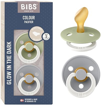 BIBS Colour Anatomical Glow Napp 2-pack, BPA-fri, Anatomisk sugdel. Naturgummilatex, Tillverkad i Danmark. Storlek 2 (2-pack), Sage Glow/Cloud Glow