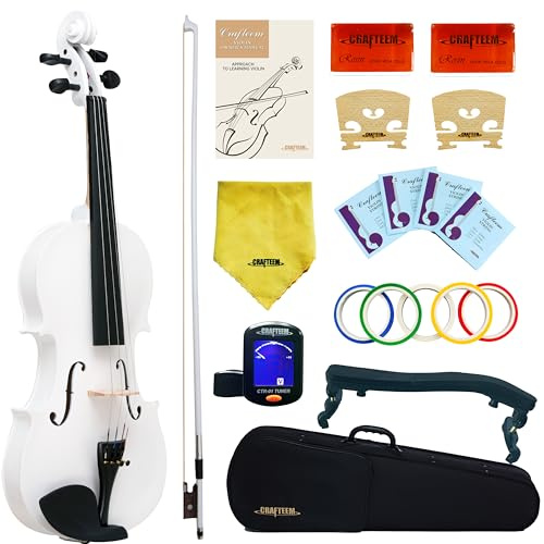 Crafteem 1/2 Geige für Anfänger, Erwachsene, Kinder, mit 5 farbigen Griffband, handgefertigt, für Anfänger, Violine, Weiß, 1/2