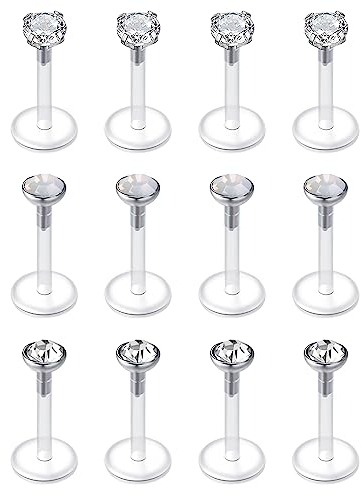 LAURITAMI 12stk Lippenpiercing Labret Stecker Bioflex 8mm 16G Medusa Monroe Flexibel Kunststoff Retainer Piercing Lippe
