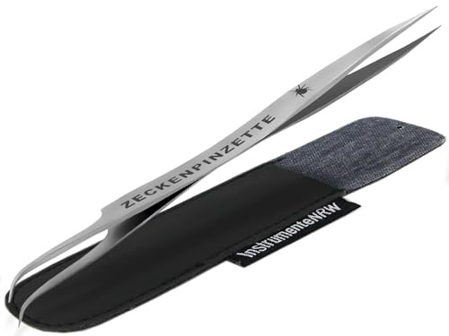 InstrumenteNrw Profi Zeckenentferner 2-Seitige Zeckenpinzette Zeckenzange | Edelstahl Zecken Pinzette Splitterpinzette für Hunde Katzen Zeckengreifer gebogen & Spitz mit Etui 15 cm