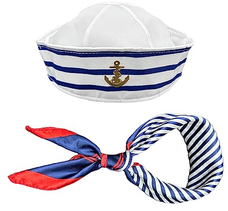 TSHAOUN Cappello Marinaio E Sciarpa Set per Uomini e Donne,Blu e Bianco Cappello da Marinaio Sciarpa Quadrata,per Festa in Costume Feste a Tema Nautico Yacht Cosplay Halloween Carnevale