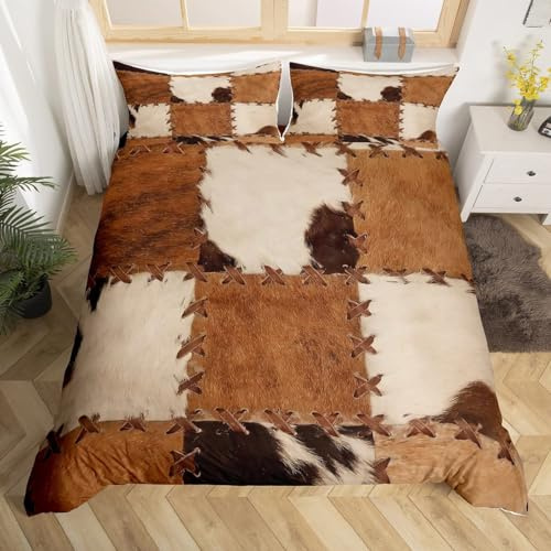 Homewish Housse de Couette 140x200 Peau de Vache, Parure de Lit Patchwork Imprimé Fourrure de Vache, Ensemble de Literie Animaux de La Ferme pour Enfants Garçons, Couvre-Lit Western Cowboy
