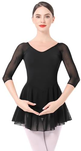 Ballettkleidung Damen Ballett Tanzkleid 3/4 �rmel Ballettanzug Gymnastik Tanztrikot mit Chiffon Rock Ballettkleid Ballerina Tanzkleidung Schwarz XL