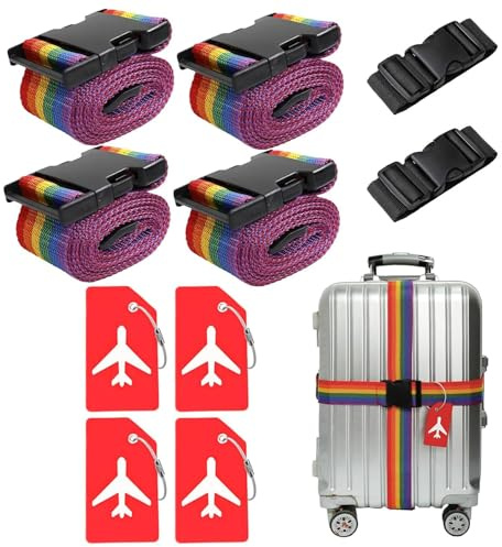 4 stycken bagageluckor & 4 stycken bagagelapp & 2 stycken lägg till en väska bagageremmar, bagageband, justerbara bagageband, iögonfallande bagagelapp för väskor (6 färger)