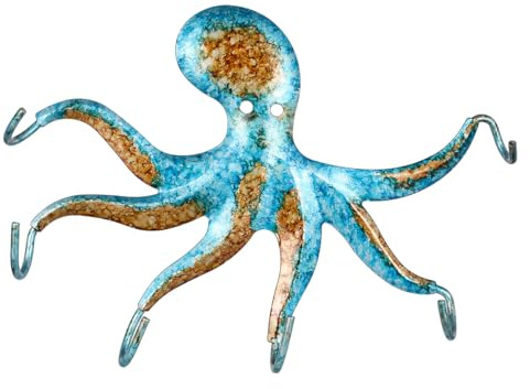 TentHome Hakenleiste Garderobenhaken Wandhaken Maritim Kleiderhaken Krake/Meeresschildkröte Dekorative Schlüsselhaken Eisenhaken mit 6/4 Haken Antik Blau Krake