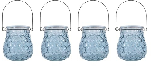 YöL Pack of 4 Embossed Glass Hanging Tea Light Candle Holders Summer Garden Table Decor Votive Jar