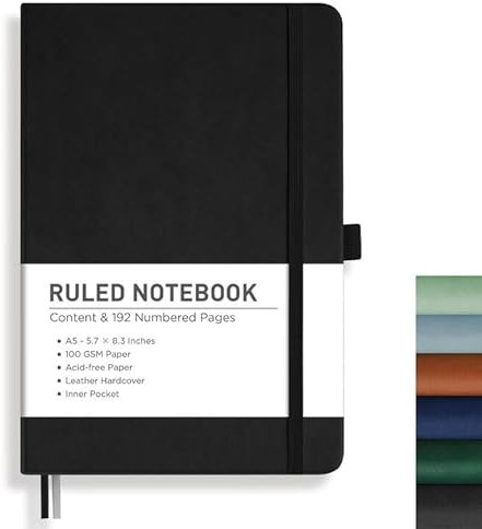 RETTACY Notizbuch Liniert A5, Journal Tagebuch mit 192 nummerierten Seiten,100gsm Notizbücher, Innentasche, Hardcover Buch für Büro Schule Arbeit Frauen Männer, 14.8 x 21cm - Schwarz