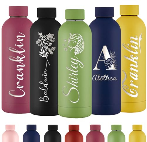 Borraccia Personalizzata con Nome Borraccia Termica con Incisione Personalizzata Bottiglia d'Acqua Isolata in Acciaio Inox Da 500 ml per Scuola Ufficio Sport