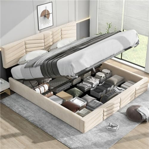 Doppeltes Gepolstertes Bett Mit Verstellbarem Kopfteil Und Sockel, Mit Lattenrosten Und Hydraulischem Stauraum, Bequemes Bett Für Schlafzimmer Und Gästezimmer(Size:180x200cm,Color:Beige)