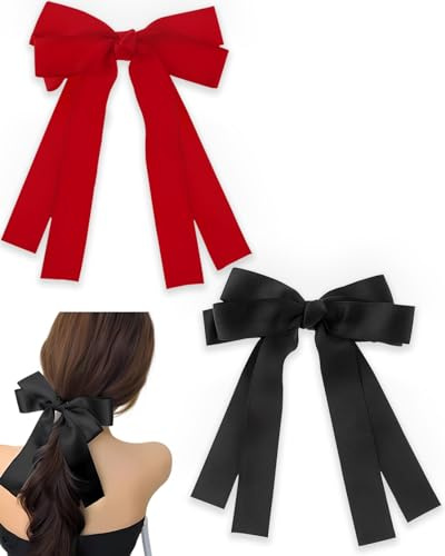 Bow Hair Clips,2 PCS Hair Bows for Women,Big Bowknot Metal Spring Clips with Long Ribbon(Black Red)