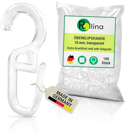 Rollina Überklipshaken transparent 10mm | Gardinenhaken zum Einhängen in Gardinenringe, Vorhangringe, Kräuselband | Vorhang Haken, S Haken (100 Stk.)