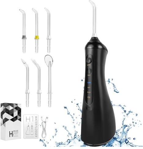 Akku-Munddusche Elektrische Zahnreiniger 320ML, 3 Modi, 6 Jet-Tipps, USB-C Aufladen, 1400mAh Akku, Flossing Reinigung Picks für Haus, Reisen, Büro