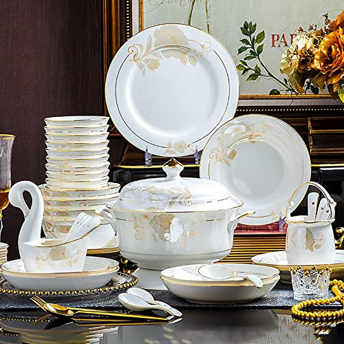 Vajilla de 42 piezas, porcelana blanca, vajilla de cocina de porcelana blanca, servicio combinado para 6 personas, con cuencos de cereales, platos, vajilla y olla para sopa con borde dorado, microond