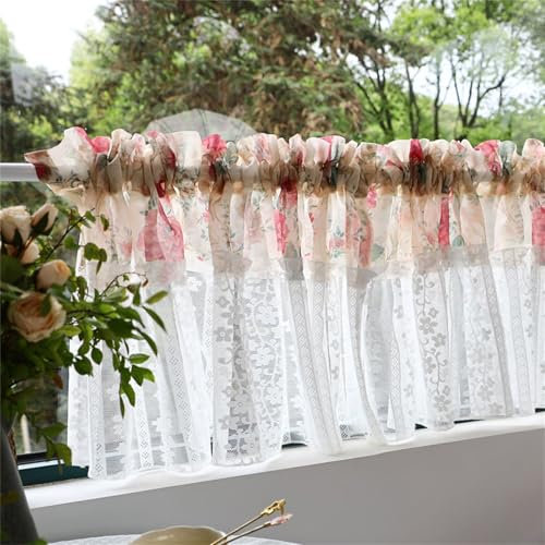 champracer Kurze Scheibengardine Vintage Boho Vorhang Kurzgardine Bistrogardine, Scheibengardine Leinen Bistrogardine Vorhänge Stickerei Küchengardine (100x40cm,Gelbe Blumen + vertikale weiße Spitze)