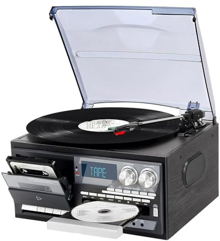 Giradischi in vinile con altoparlanti integrati, giradischi Bluetooth retrò con lettore CD/cassette, meno rumore, copertura antipolvere smerigliata