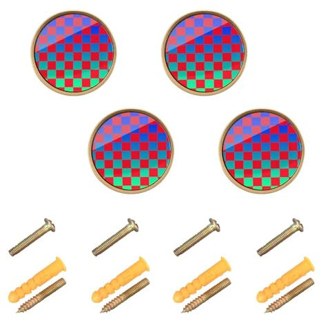 EtherSpher Schrankknöpfe, Büffelkaro, Rot, Blau, Grün, Farbverlauf, rund, Boho-Hardware, 32 mm, goldfarben, für Vorraum, 4 Stück