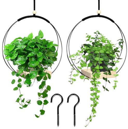 2 Pièces Suspension Plante Intérieure, Suspension Macramé pour Plante, Pot Suspendu plante Interieur avec Base en Bois, Pot de Fleurs à Suspendre, Cintres pour plantes pour Décoration D'intérieur