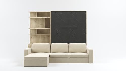 MAXIMAHOUSE Schrankbett Vertikal Invento NOVA 140V (140x200) mit Couch Ecksofa, und Bücherregal, Lattenrost aus Holz, Wandbett Klappbett, Bett im Schrank (Eiche Charkiw/Stein+Beige)