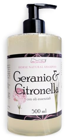 Shampoo per Cavalli Geranio e Citronella Arcafarm con oli essenziali 500ml | Azione Barriera contro gli insetti. Pulisce, lucida e protegge il Manto Equino. Adatto a uso frequente, Made in Italy