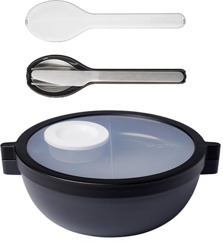 Mepal - Meal Prep Boxen Vita Set - Bento Schüssel + 3-teiliges Besteck-Set Ellipse - Brotdose mit Fächern - Extra Fach mit Deckel, Dressing-Deckel & Tablett - Bentobox - 1500 ml - Nordic Black