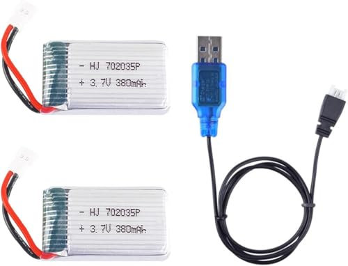 YUNIQUE GREEN-CLEAN-POWER 2er Set LiPo Akku 3.7V 380mAh mit USB Kabel kompatibel mit Hubsan X4 H107c H107d H107L Syma X11 X11C HS170 ideal für RC Quadrocopter Hubschrauber Silber