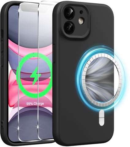 Xiltlly Funda Magnética Silicona Líquida para iPhone 11 6.1 Pulgadas con 2 Piezas Cristal Templado, Compatible con MagSafe, Case Antishoc Anti-Rayures Carcasa pour iPhone 11, Noir