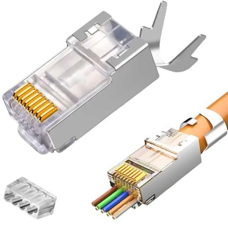 Connettori di Rete RJ45 Passanti per Cavi Ethernet Cat7 e Cat6A, Set di 10, Design Pass Through, Schermati, Ideali per Switch, TV, PS4, ADSL, Modem, TV Box, Router, PC - Alta Velocità fino a 10 Gbps