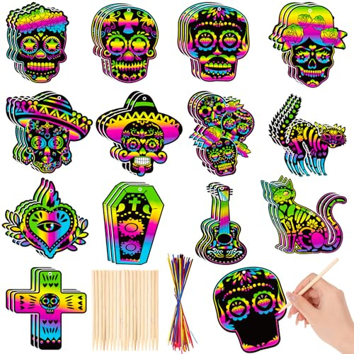 HOWAF 39 Dia de Los Muertos Kratzbilder für Kinder Erwachsene, Tag der Toten Kratzpapier Rosen Skelett Kratzbild für Halloween Basteln Kinder, Tag der Toten, Dia de Los Muertos Deko