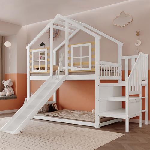 NovaFurnish Litera de madera con escalera y rejilla, con tobogán y ventana, cabaña de troncos con protección contra caídas, marco de cama de madera maciza, color blanco