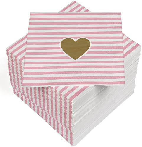 HEKU 100 Servietten, 3-lagig, 33x33cm, Herz auf rosa-weißen Streifen I Saugstark und praktisch verpackt I Breite Auswahl I Ideal für besondere Anlässe