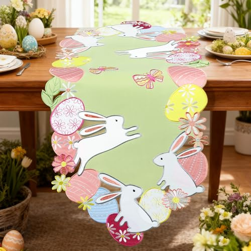 Easter Table Runner 36 Inches Embroidered Bunny Green Eggs Colorful Cut Out Rabbits Spring Flower Daisy Sage Grass Seasonal Decorations for Dining Coffee Table