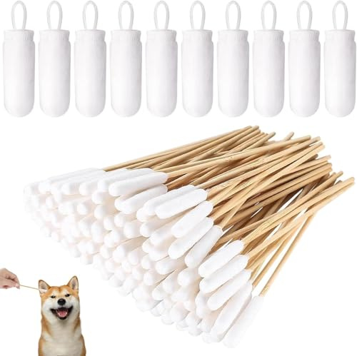 Giutsaull 200 Stück Hunde Wattestäbchen, 12cm Ohrreinigung für Hunde Ohrreiniger, Lang Ohrreinigungsstäbchen für Haustiere, Ohrreiniger Wattestäbchen mit Großer Kopf， und 10 Stück Hundezahnbürste