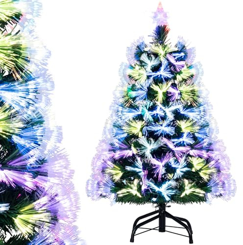 COSTWAY Sapin de Noël à Fibre Optique 95 CM, Sapin Artificiel Pré-éclairé avec 93 Branches, Étoile de Sommet & Pied Métallique Pliable, Arbre Lumineux pour Fêtes de Maison, Bureau, Carnaval