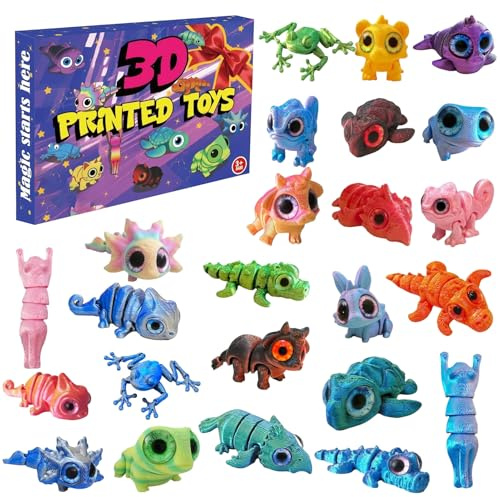 Animales impresos en 3D, calendario de adviento de juguete antiestrés impreso en 3D para niños, juguetes articulados móviles, incluyendo dragones, ajolotes, conejos, tortugas y ranas