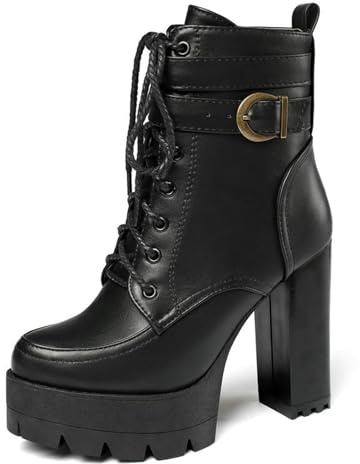 Eestfy Bottines Femme À Talon Épais Similicuir À Lacets avec Fermeture Éclair Et Boucle Idéales pour Voyage Et Tenue Urbaine,Noir,38 EU