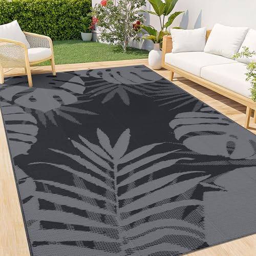 Homaxy Vattentät utomhusmatta, halkfri vändbar plastsugrör trädgårdsmattor, enkel rengöringsmatta för camping, uteplats, strand, picknick, trädgård – 120 x 180 cm, grå och svart
