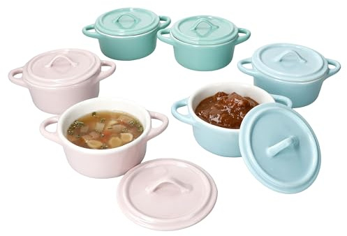 MamboCat Emilia - Set di 6 mini Cocotte I 100 ml, mini pentole in gres porcellanato con coperchio in rosa pastello, menta e blu, piccoli stampi da forno per antipasti, dessert e mini casseruole