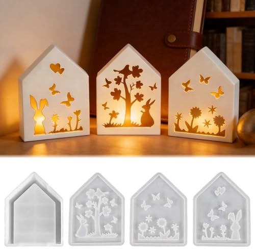 4PCS Silikonformen Gießformen Häuser, FORMVERSITY Silikonformen Häuser mit Baum Vogel Hasen, Silikon Ostern Gießformen Hase, Lichthäuser Silikonform Frühling Blumen