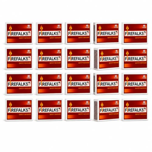 Firefalks Wooden Safety Matches Pack of 20 Boxes - Long Lasting Firelighters for Barbecue, Camping and Fireplace, 40 Sticks per Matchbox