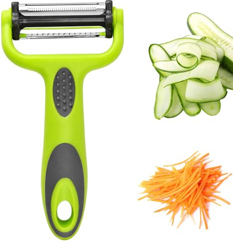 3-in-1 Premium Vegetable Peeler & Julienne Slicer, Stainless Steel Multi-Function Potato Peeler with Ergonomic Non-Slip Grip, Ultra Sharp Speed Peeler for Fruit, Carrot, Cucumber and Apple, Green