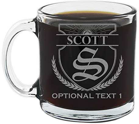 Spotted Dog Company Personalised Etched 384ml Glass Coffee Mug, Custom Birthday Espresso Cups, Customised Tea Cappuccino Hot Chocolate Cup, Scott Monogram