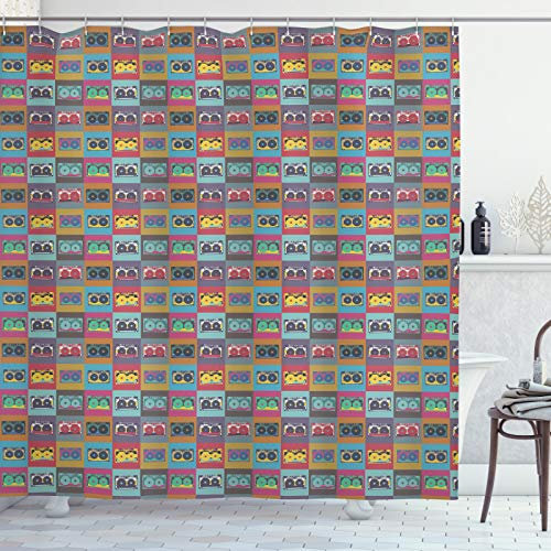 ABAKUHAUS Retro Tenda da Doccia, Le Cassette Audio in Piazze, Tessuto Set di Decorazioni per Il Bagno con Ganci, per la Vasca da Bagno, 175 cm x 240 cm, Multicolore