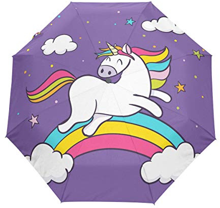 Regenbogen Einhorn Regenschirm Taschenschirm Auf-Zu Automatik Schirme Winddicht Leicht Kompakt UV-Schutz Reise Schirm für Jungen Mädchen Strand Frauen