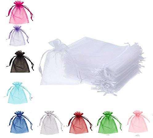 Organza Gift Wedding Favour Jewellery Pouches, Small Party Sweet Bags - Sheer Drawstring Pouches (White, 7 x 9 cm - 25 pcs)