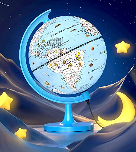 8-Inch Illuminated Kids Globe with 100+ Fun Illustrations, World Globes with LED Night Light, Light Up Globe Lamp for Classroom & Home Desk Decor, STEM Geography Learning Toy Gift for Children