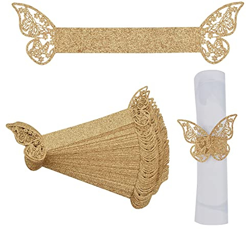 URROMA Gold Sparking Paper Napkin Holder Rings, 50 Pcs Butterfly Paper Napkin Rings Buckles Holder for Wedding Dinner Party Celebration Table Decor